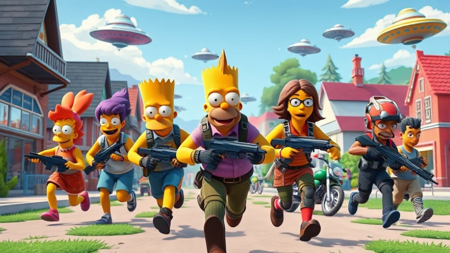 Vibrant Simpsons and Fortnite crossover, colorful cartoon action scene.