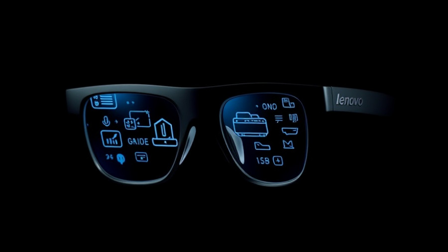 Close-up of Lenovo V1 smart glasses with digital display icons.