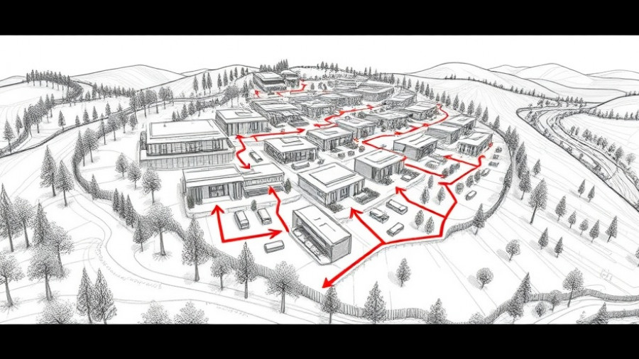 Architectural sketch of Kelowna wine village layout with pathways on a hillside.