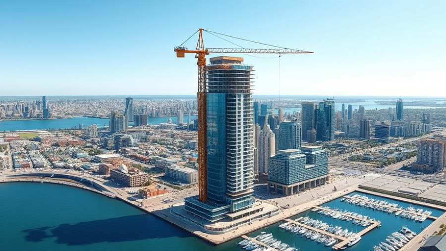 Modern skyscraper construction with waterfront view, highlighting commercial real estate trends 2025.