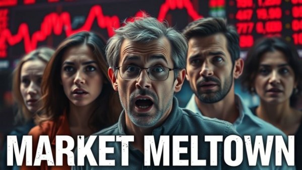 Vibrant illustration of stock market meltdown with anxious individuals and red charts.