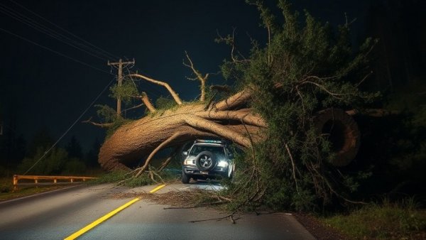Fallen tree causes Westside Road power outages at night.