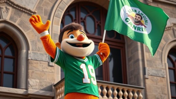 Green and White Day CFL celebration with mascot holding flag.