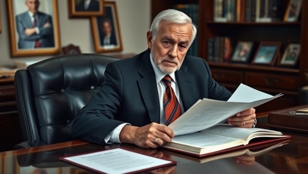 Elderly man in office with documents discussing drug price deals.