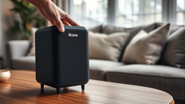 Brane X Portable Bluetooth Speaker being lifted by hand on a modern table