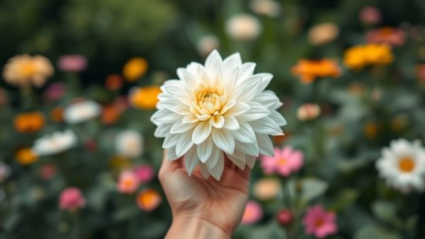 Close-up of white dahlia in a garden, dahlia harvesting tips.