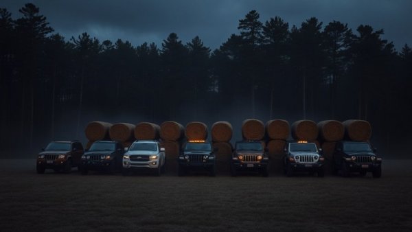 B.C. ostrich cull scene with vehicles and hay bales under evening sky.