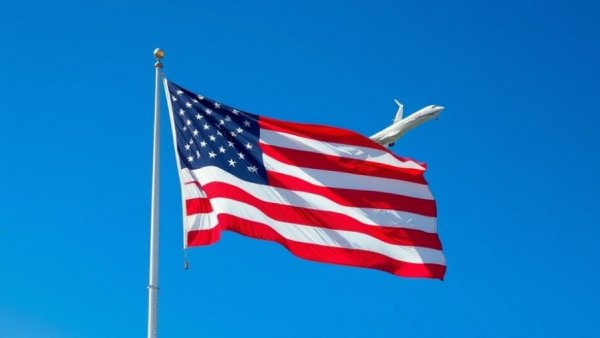American flag and airplane under clear blue sky, symbolizing flight disruptions due to government shutdown.