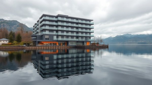 Modern apartment reflecting in water near Kelowna, cloudy lake view.