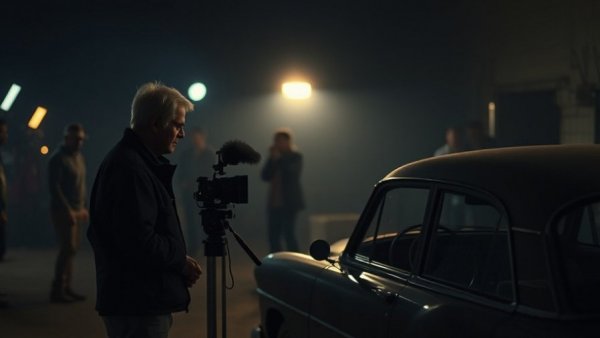 Director on dim set with vintage car, Edgar Wright X-Men movie.
