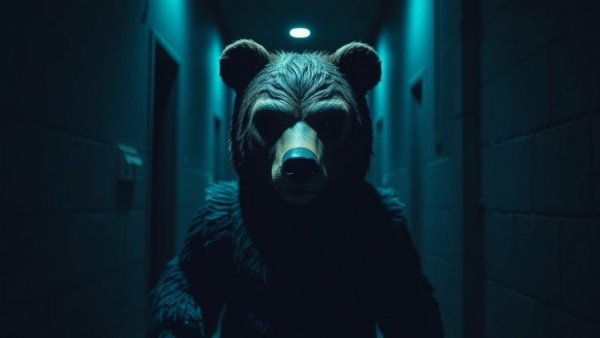 Creepy animatronic bear from Five Nights at Freddy's in eerie hallway.
