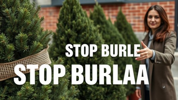 Prevent Winterkill in Evergreens: Wrapped shrubs with warning text and woman's gesture.