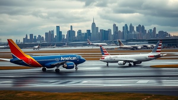 Air traffic controller shortage visualized by busy airport runway with three airplanes.