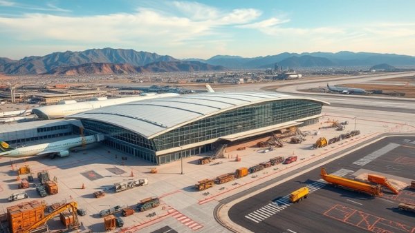 Kelowna International Airport expansion aerial view showcasing new terminal.