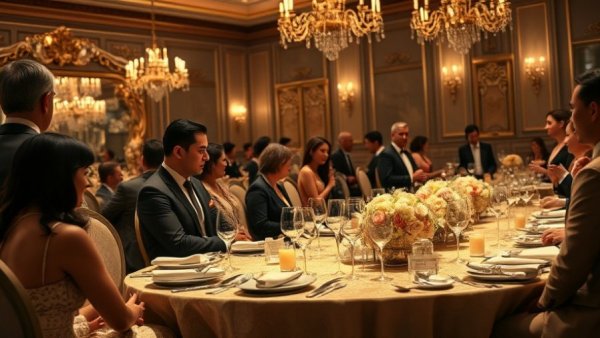Opulent banquet with attendees in formal attire discussing, highlighting Trump's relationship with Musk.