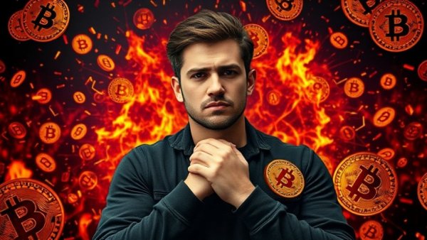 Stressed man amidst burning cryptocurrency symbols, Bitcoin dump concept.