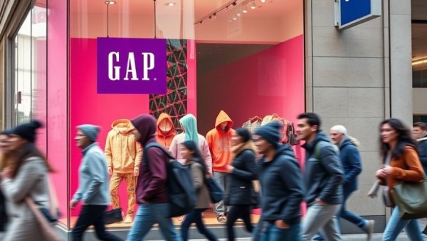 Pedestrians pass by a Gap store window with colorful apparel displays, illustrating Gap comparable sales surge.