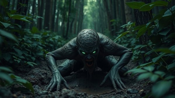 Terrifying scene from The Wailing, showing a figure with glowing eyes in a forest.