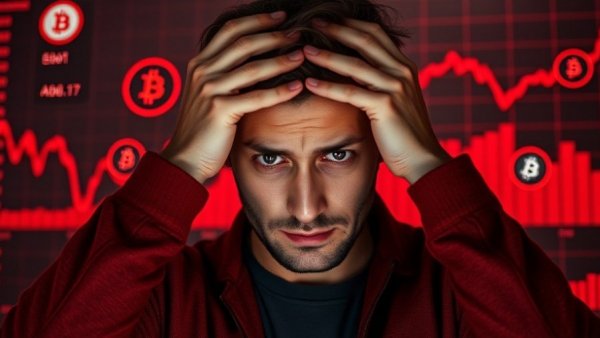 Confused person amidst crypto logos, depicting decline causes.