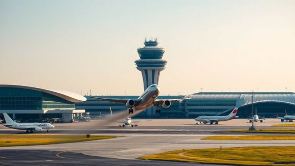 Jet taking off at airport with control tower, related to bonuses for air traffic controllers.