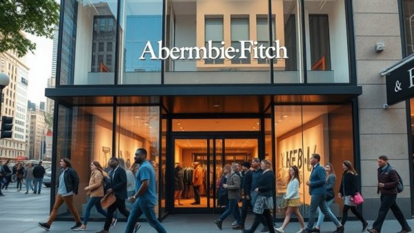 Abercrombie & Fitch store entrance in urban environment reflecting Hollister driving stock surge.