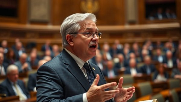Mature man speaking passionately in assembly, related to Canada loans for lumber producers.