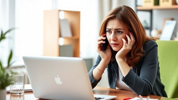 Concerned woman on phone about AI holiday shopping scams.