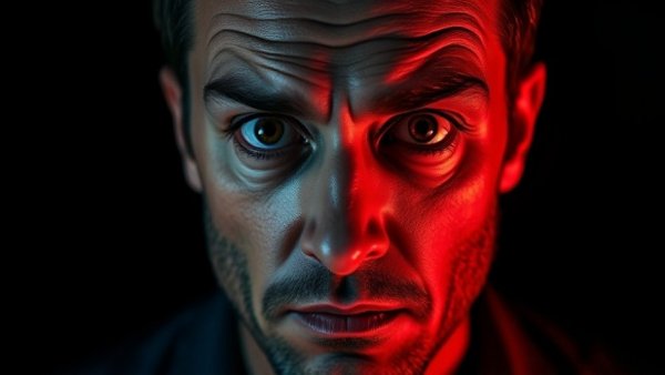 Intense man selling everything for crypto with dramatic lighting.