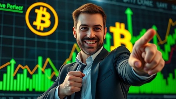 Crypto expert confidently pointing at chart, Bitcoin background, crypto whales winning trades early.
