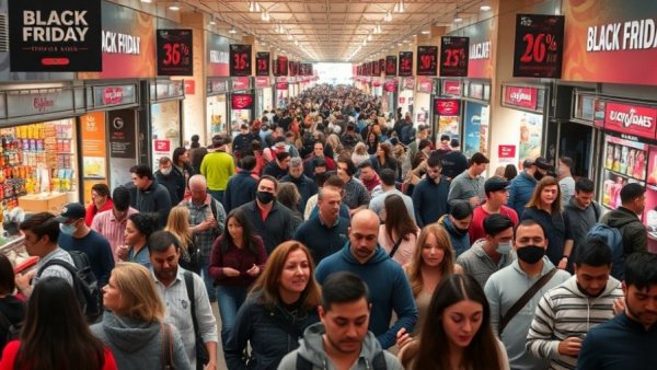 Crowded retail store during Black Friday sales, busy shoppers.