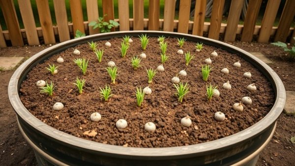 Bulb Lasagna Planting in round planter, garden setup.