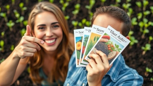 Excited woman with seed packets, promoting 'Starting Seeds in December' over sprouting seedlings background.