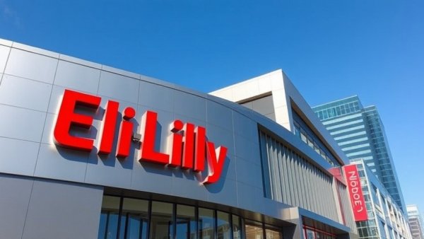 Eli Lilly building facade, showcasing modern design and bold logo