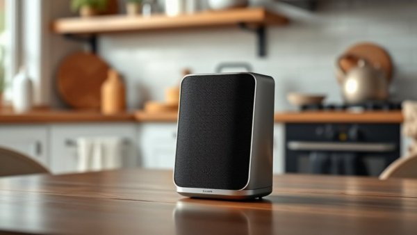 Google Home voice assistant upgrade on a kitchen table with soft lighting.
