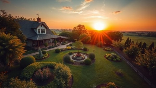 Aerial view of Burpee 250th Anniversary Garden during sunset.