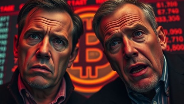 Dramatic scene portraying Bitcoin FUD in December 2023 with concerned men.