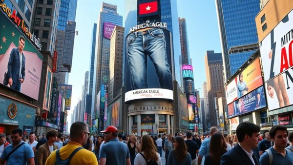 Times Square American Eagle billboard with vibrant crowd, urban scene.
