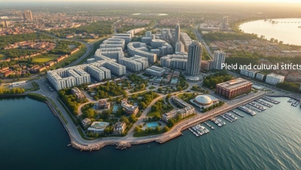 Aerial view of proposed Okanagan Centre for the Performing Arts and surrounding urban layout.