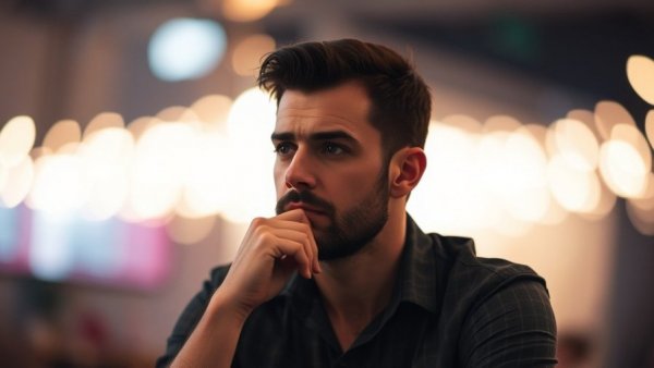 Contemplative man in cinematic lighting, Holocaust Denial in AI Technology.