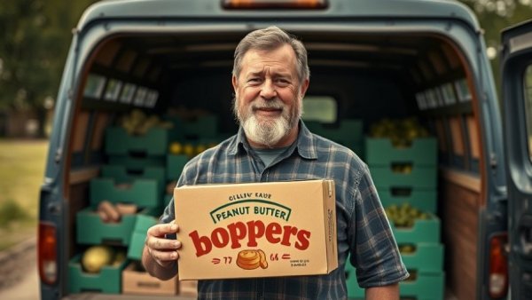 Man holding Peanut Butter Boppers by produce truck, Stranger Things 5.