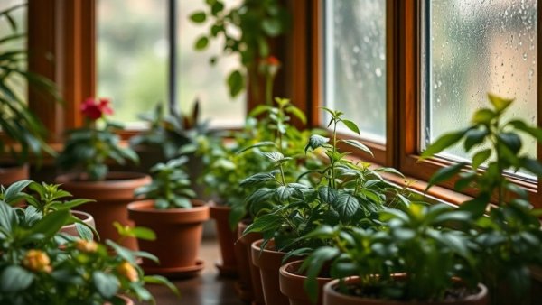 Indoor tea herb garden in pots with rain-dappled window.
