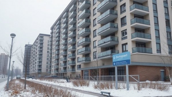 Modern apartment building with development sign in Kelowna winter.