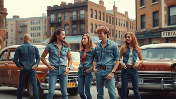 Retro denim fashion and vintage street scene, history of denim fashion.