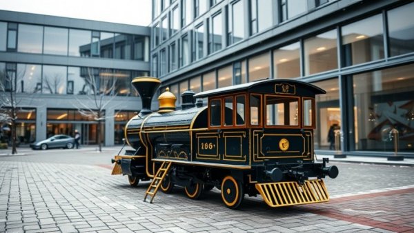 Kelowna holiday train in a courtyard with light snow falling.
