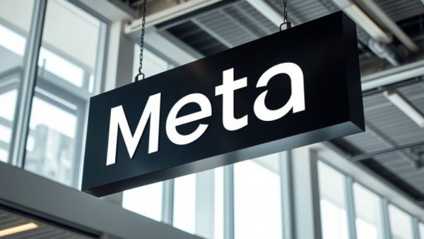 Meta logo sign in a corporate setting, softly illuminated.