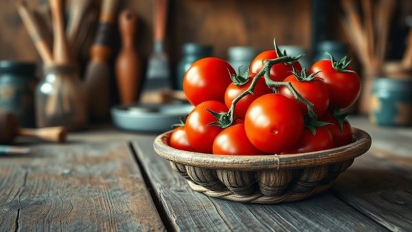 Vintage handmade holiday ornament with tomatoes on table.