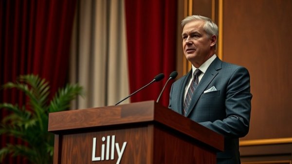 Man at Lilly podium discussing Eli Lilly obesity pill manufacturing plant.