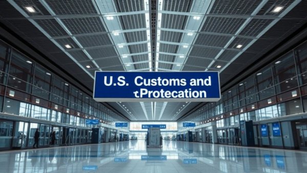 U.S. Customs and Border Protection sign in a modern airport terminal.