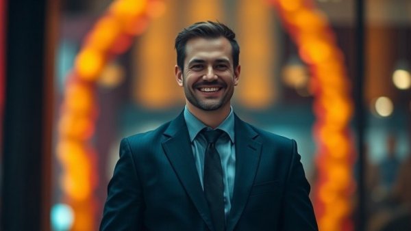 Smiling executive in front of colorful background.