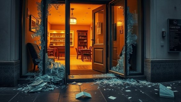 Shattered glass at storefront entrance highlighting Kelowna community support.